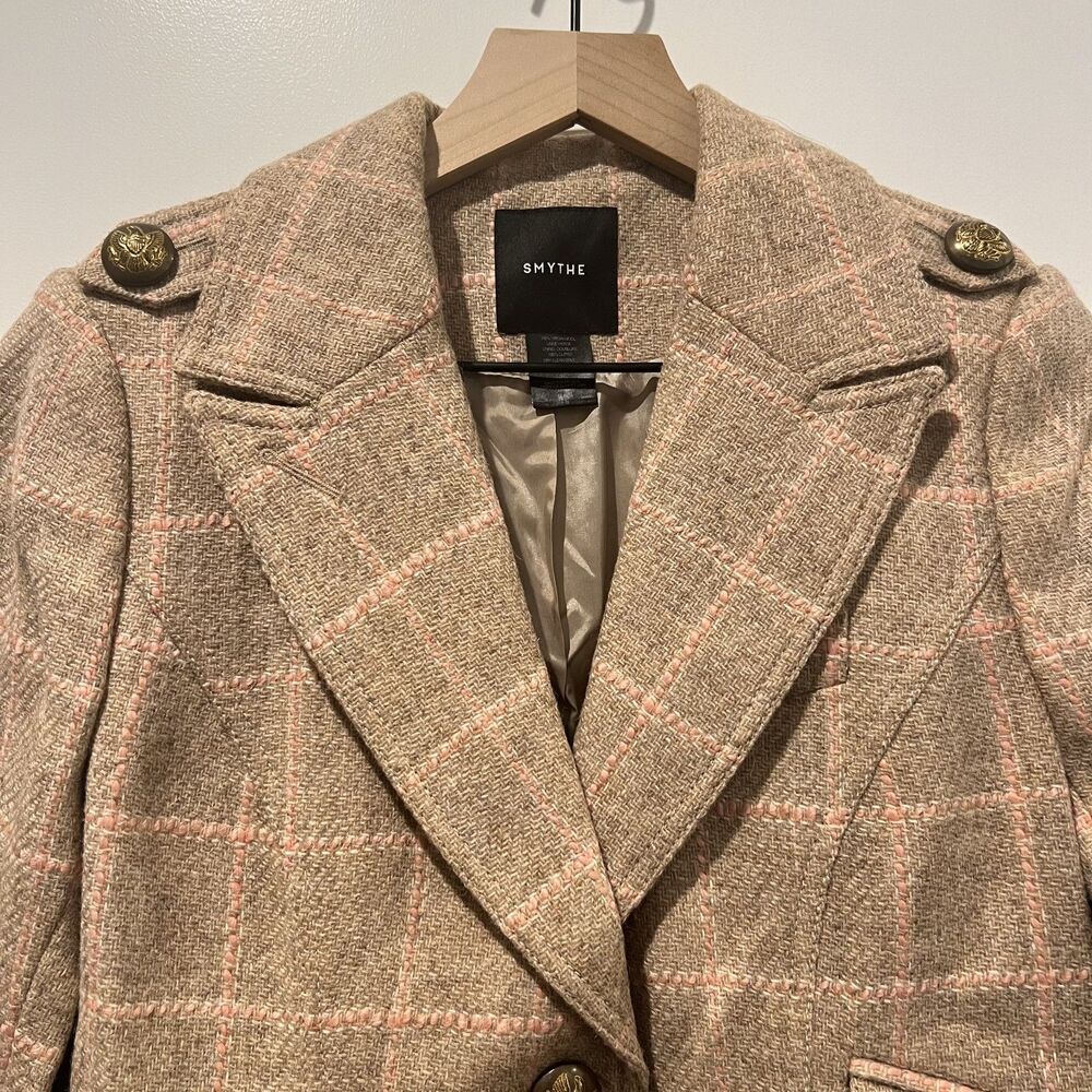 Smythe Virgin Wool Tan & Pink Plaid Print Blazer Women's Size 8 - Picture 8 of 10